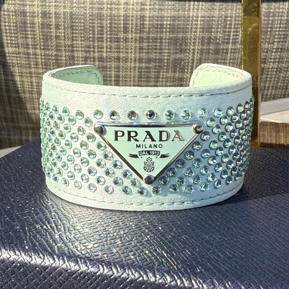 Prada Jewelry - EUC! Prada Crystal-Embellished Leather Mint Aqua Cuff Bracelet